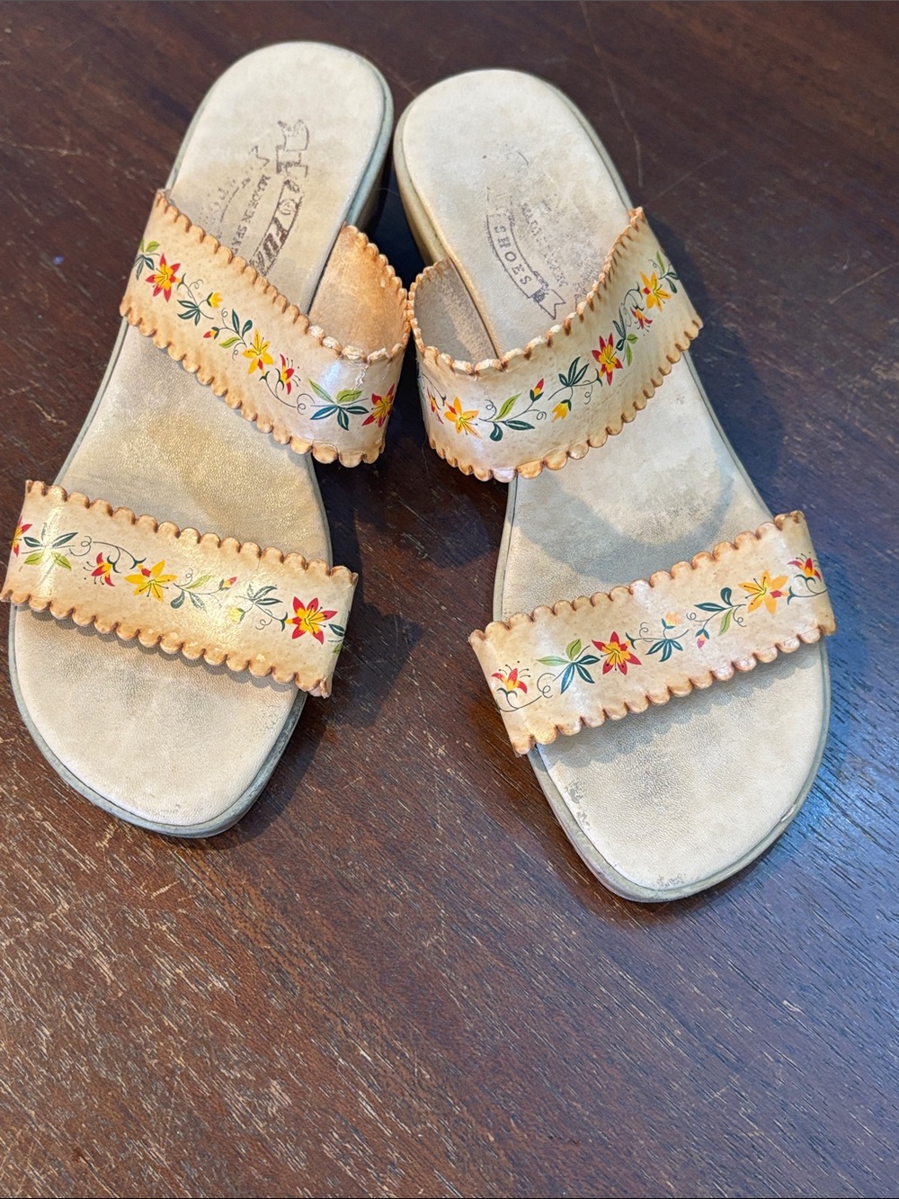 Vintage Beige Leather Floral Double-Strap Slide Sandals